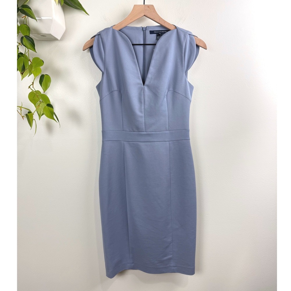 French Connection Lolo V-Neck Sheath Dress Blue Cap Sleeve 4 Business Cocktail